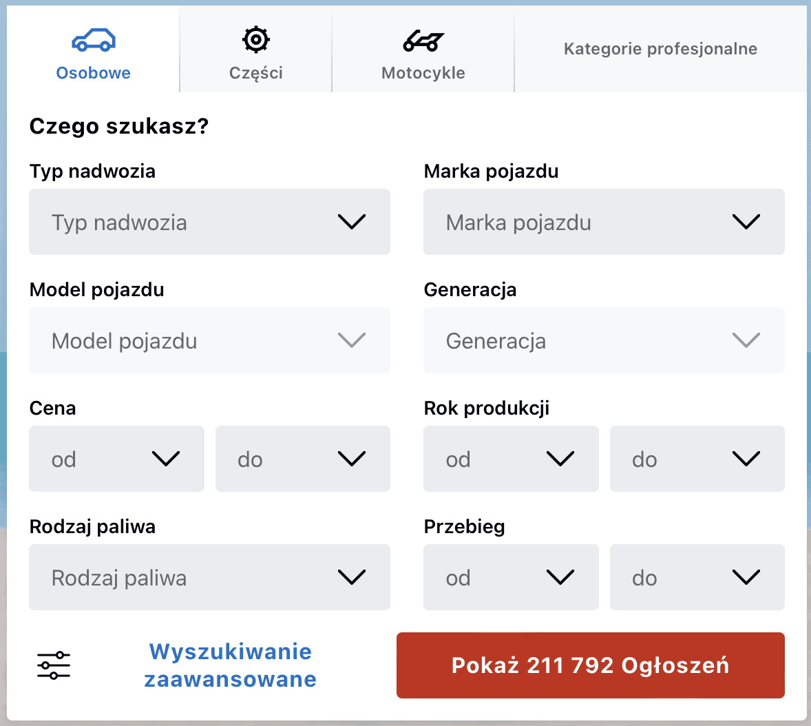 Basic search for a used car in Poland on OTOMOTO website