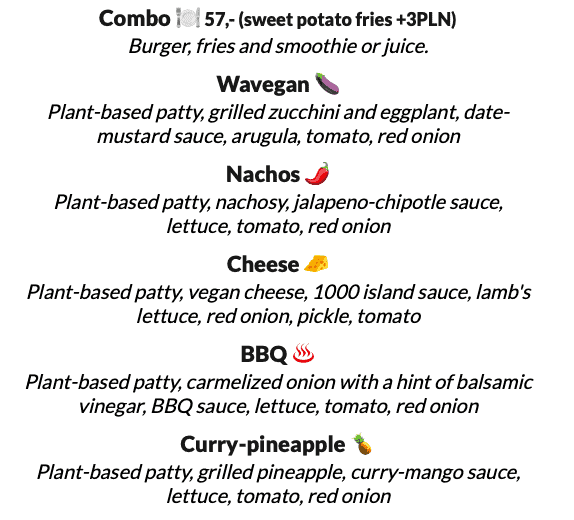 vegan burger menu