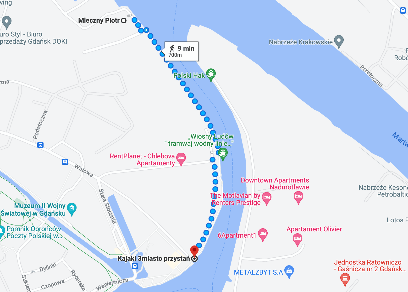 Walking route from Brabank to Mleczny Piotr art gallery in Gdańsk