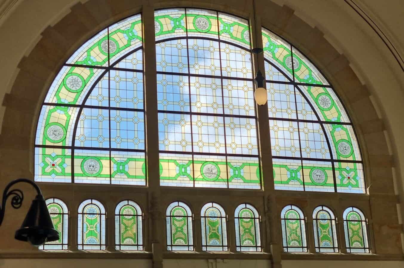 stained glass windows inside Gdansk Glowny Train Station