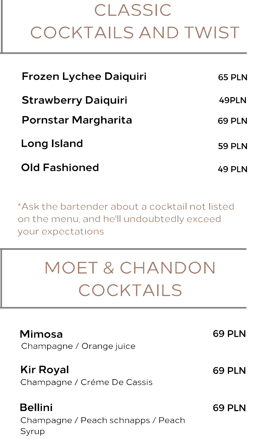 A sample of the cocktails on offer at the Hilton Hotel H5 Skybar in Gdańsk