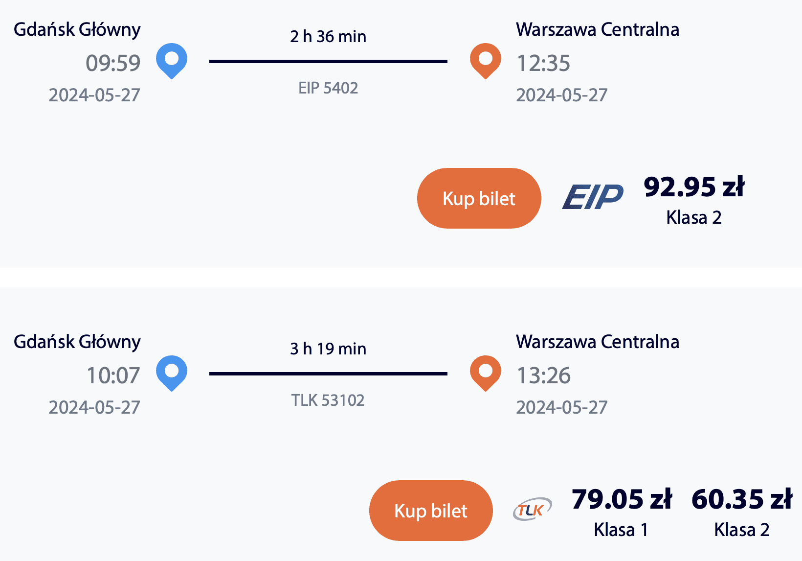 Cheap train ticket options from Gdańsk to Warsaw