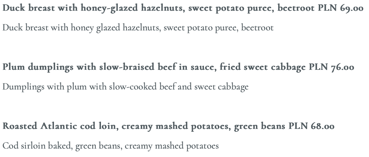 meal options at Piwnica Lodzka restaurant in Lodz