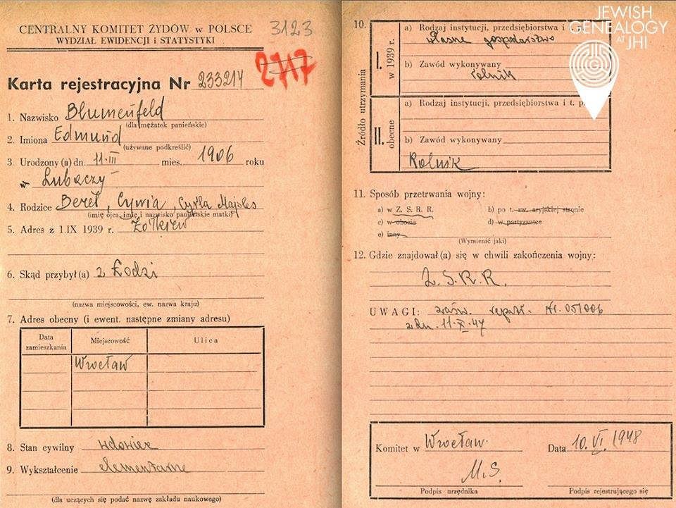 Central Jewish Registration Committee card just after World War 2