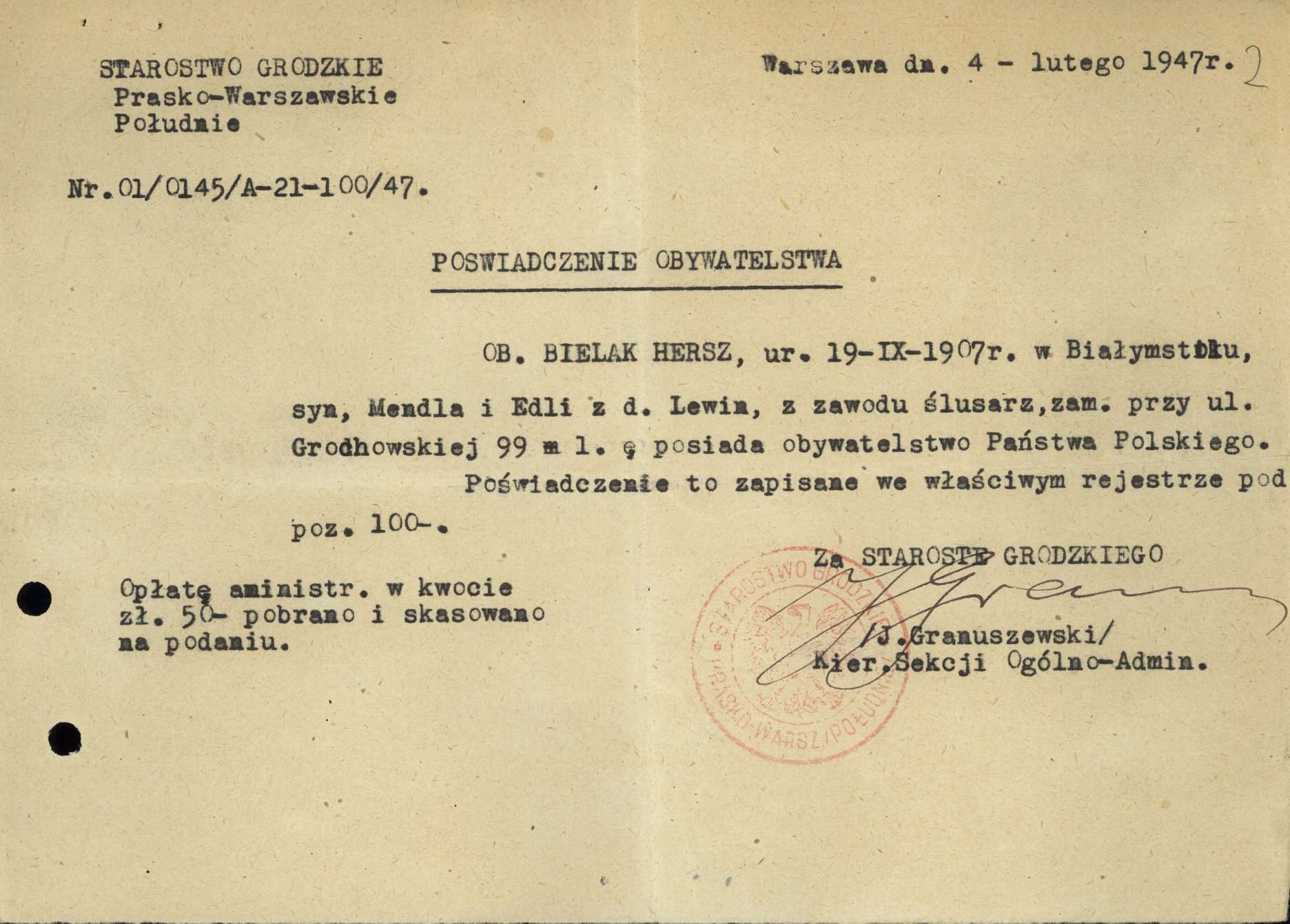 Confirmation of Polish citizenship for Polish-Jewish citizen (1947)
