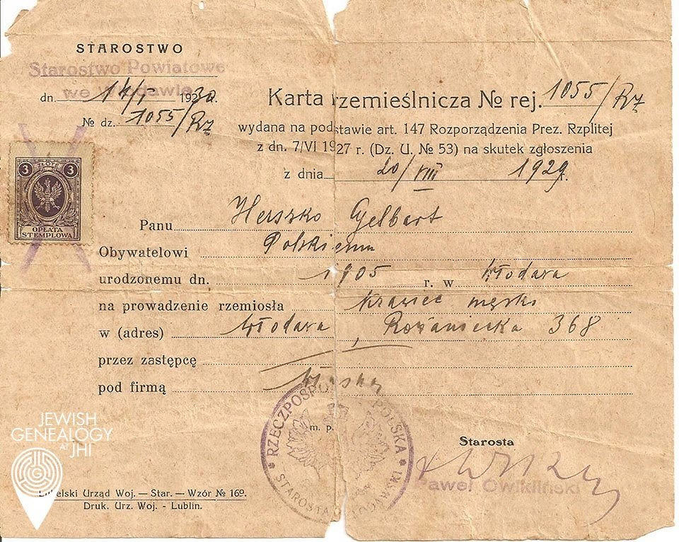 Craftsman card for Polish Jewish citizen (1930)