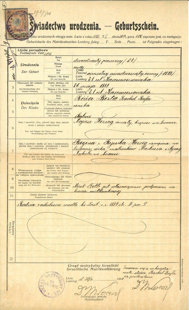 Jewish birth record from Lviv in 1888