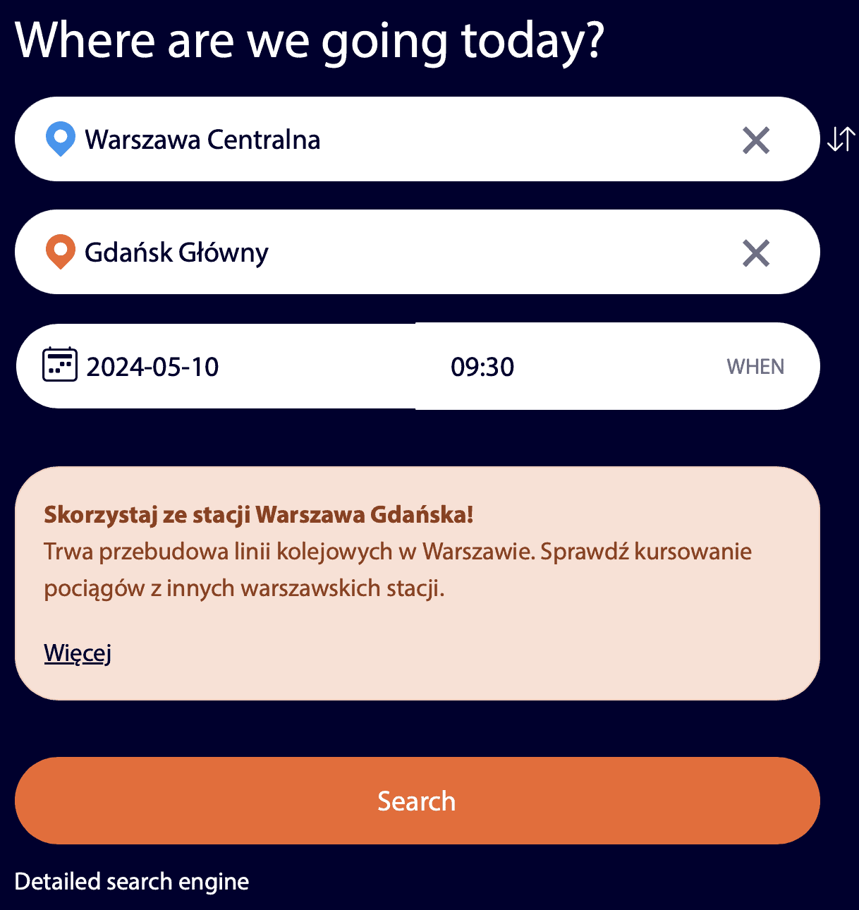 Warsaw to Gdańsk train ticket search on intercity.pl
