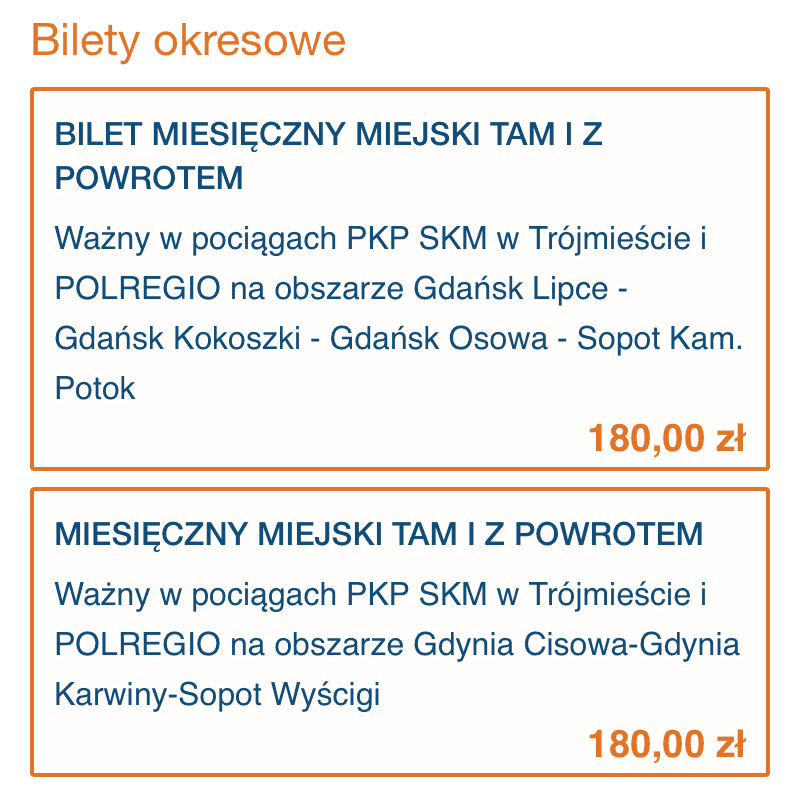 Monthly season tickets Gdansk-Sopot and Sopot-Gdynia SKM
