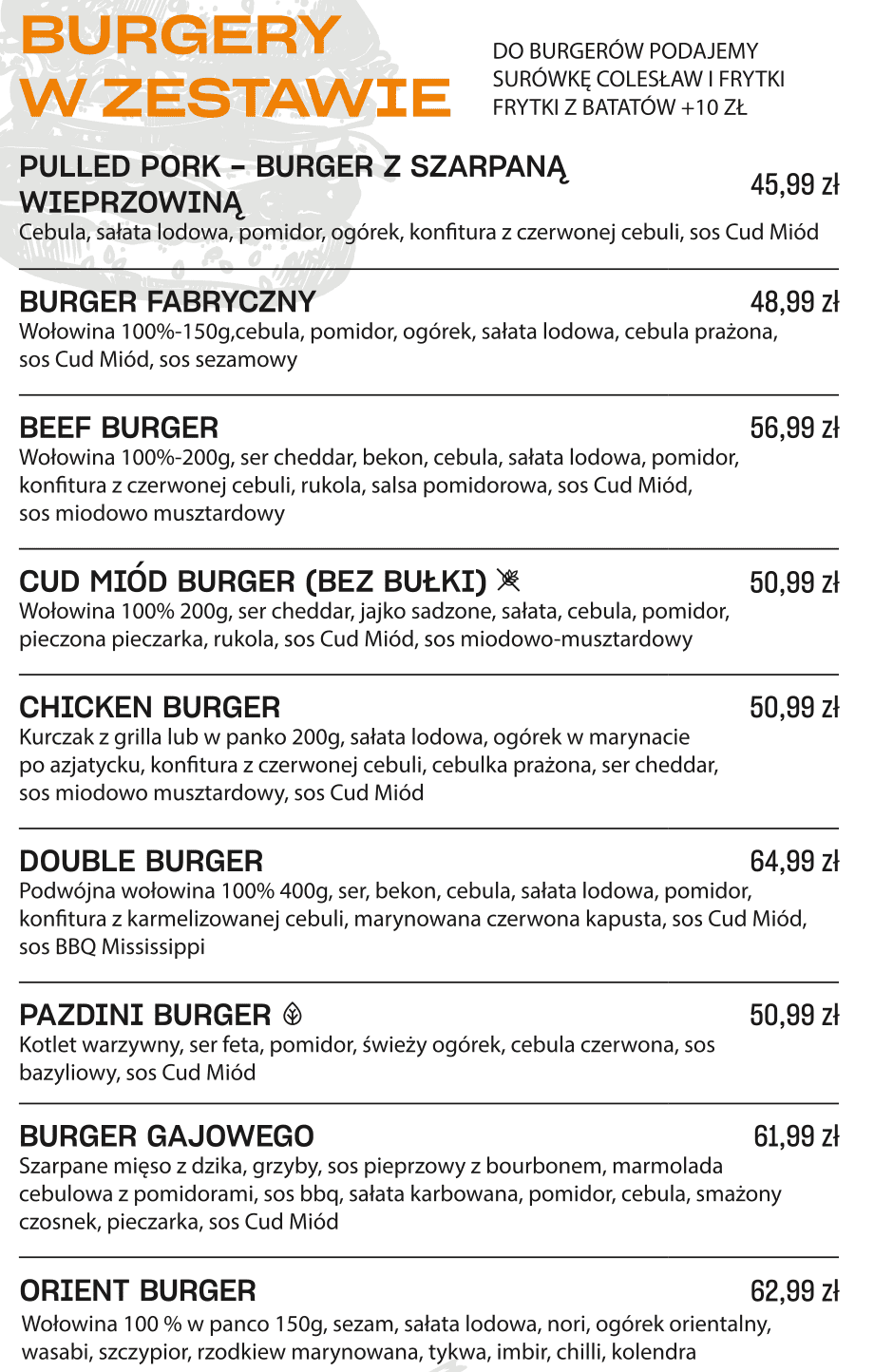 burger sets at Cud Miod Fabryczna restaurant in Lodz
