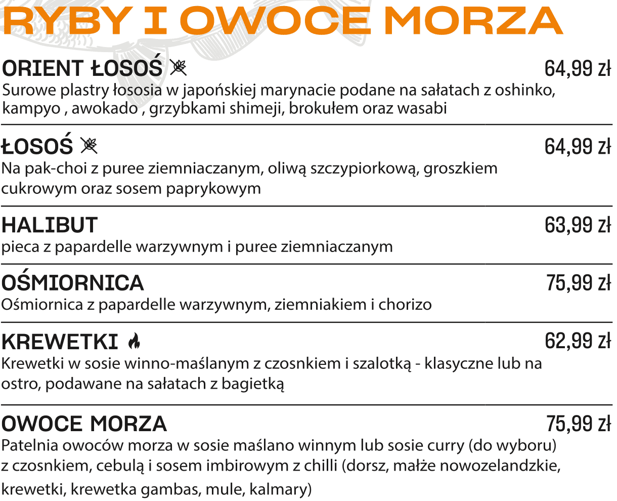 Fish and seafood dishes at Cud Miod Fabryczna restaurant in Lodz