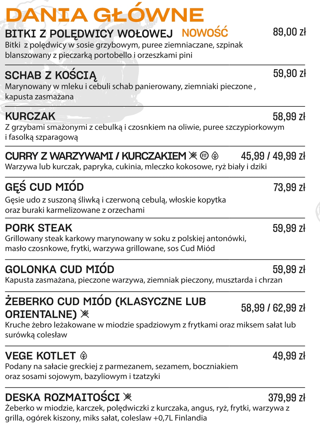 main meals at Cud Miod Fabryczna restaurant in Lodz