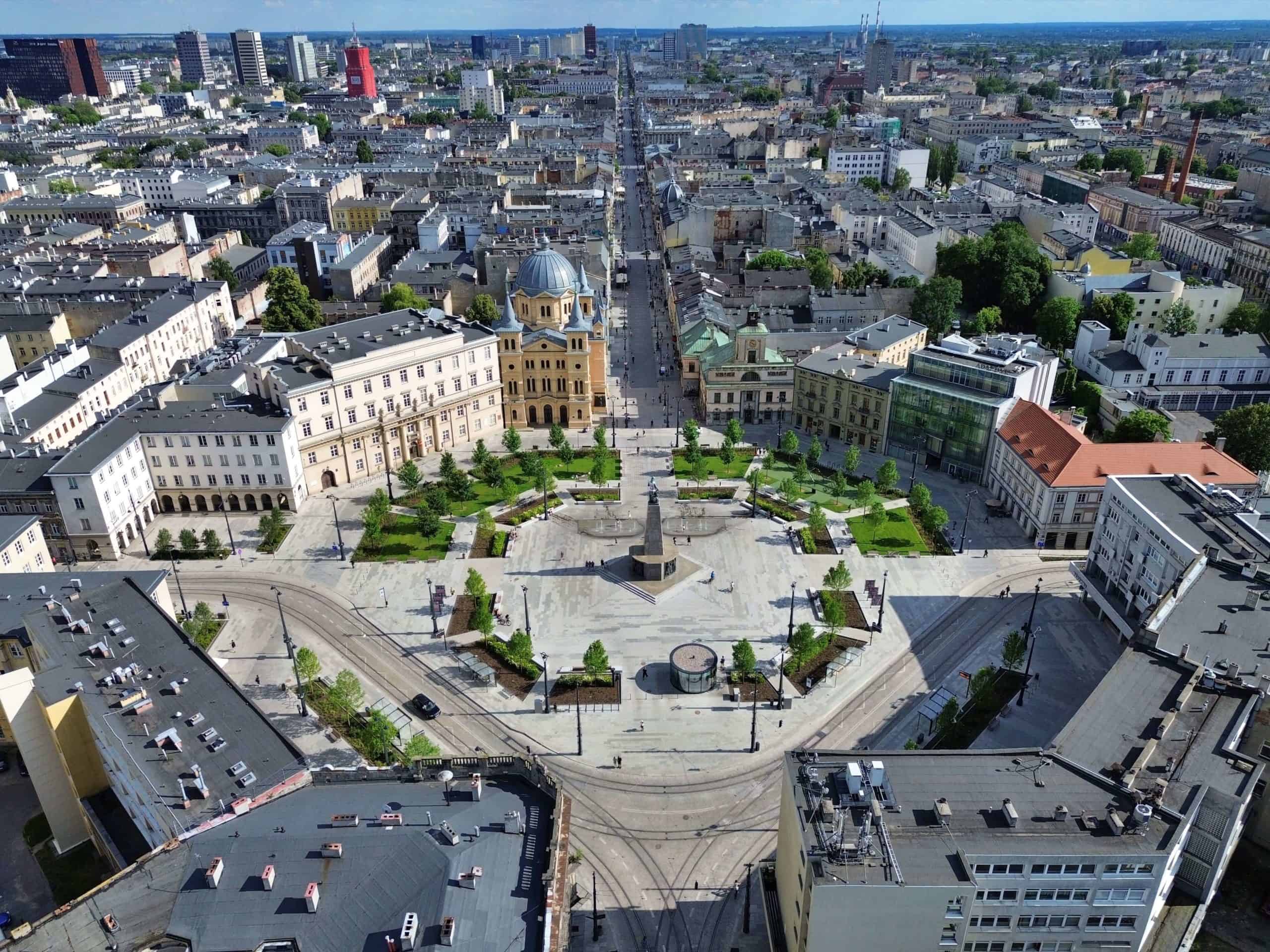 Aerial view of the revitalisation of Plac Wolności in Lodz