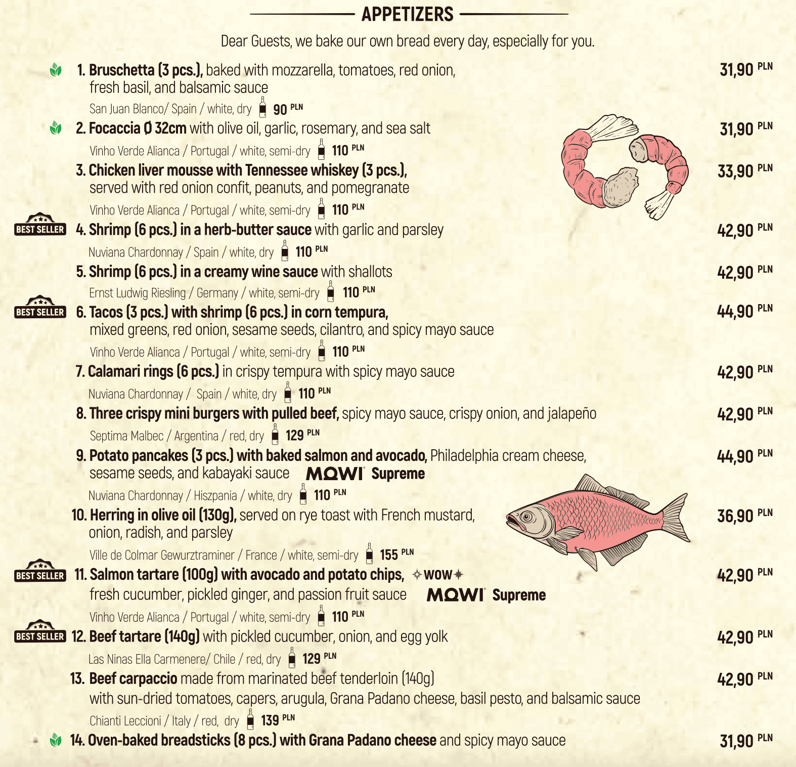 appetisers at Chleb i Wino restaurant in Poland