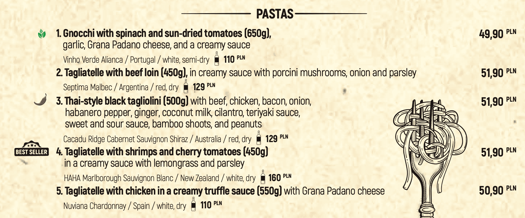pasta dishes at chleb i wino restaurant in Gdansk