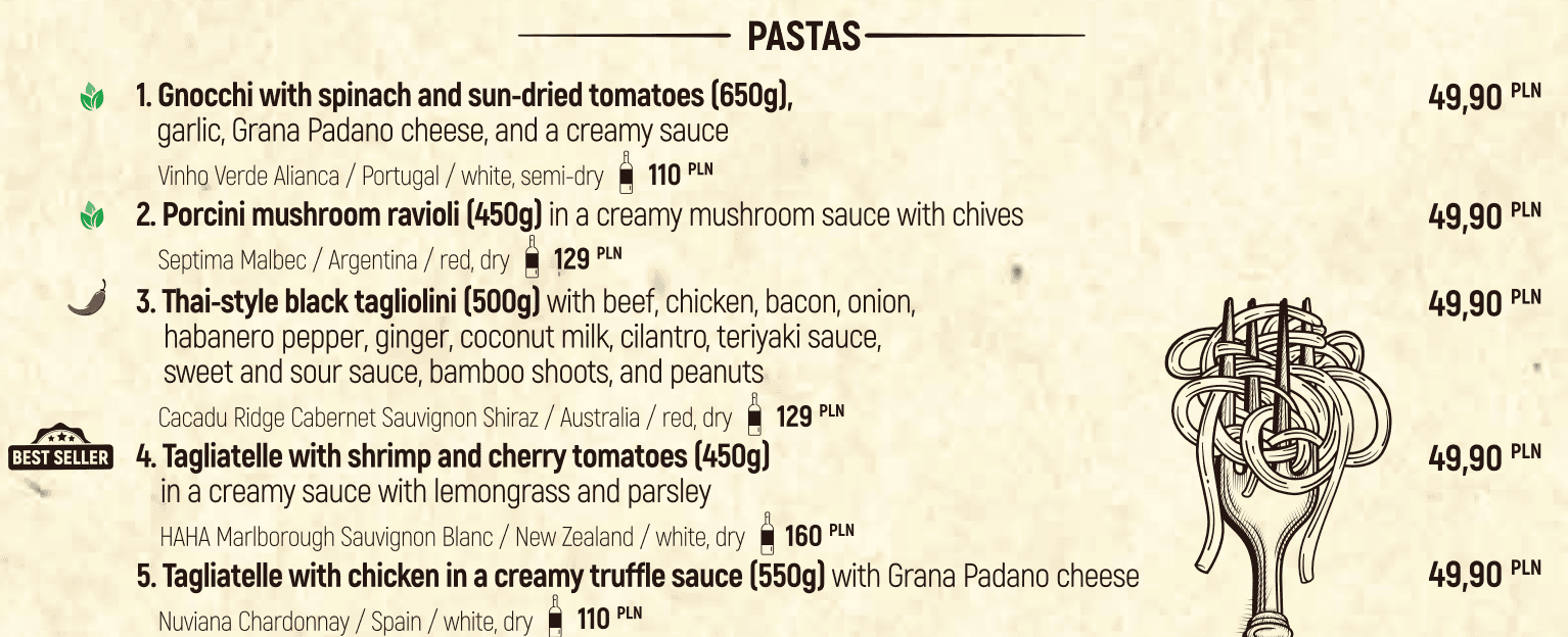 pasta dishes at Chleb i Wino restaurant in Gdansk