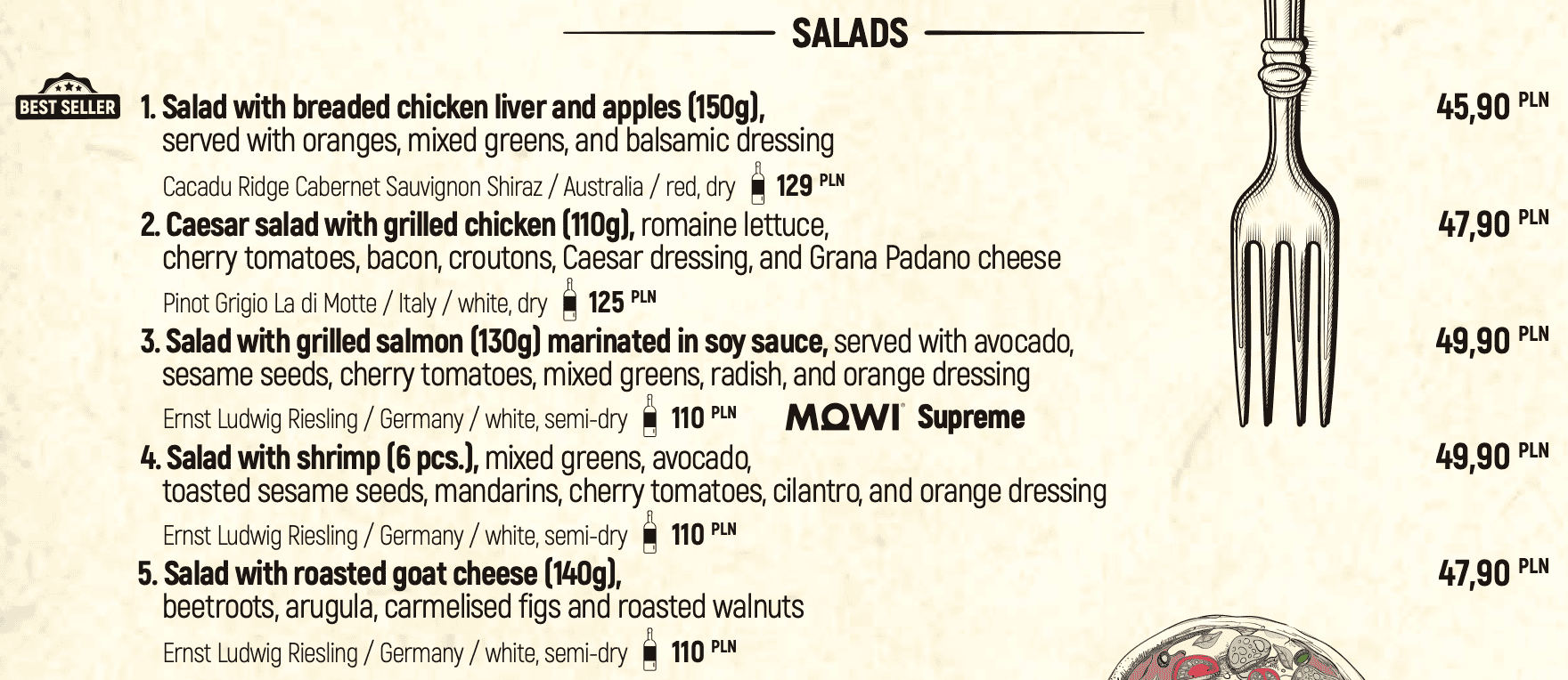 The salad menu at Chleb i Wino restaurant in Gdansk