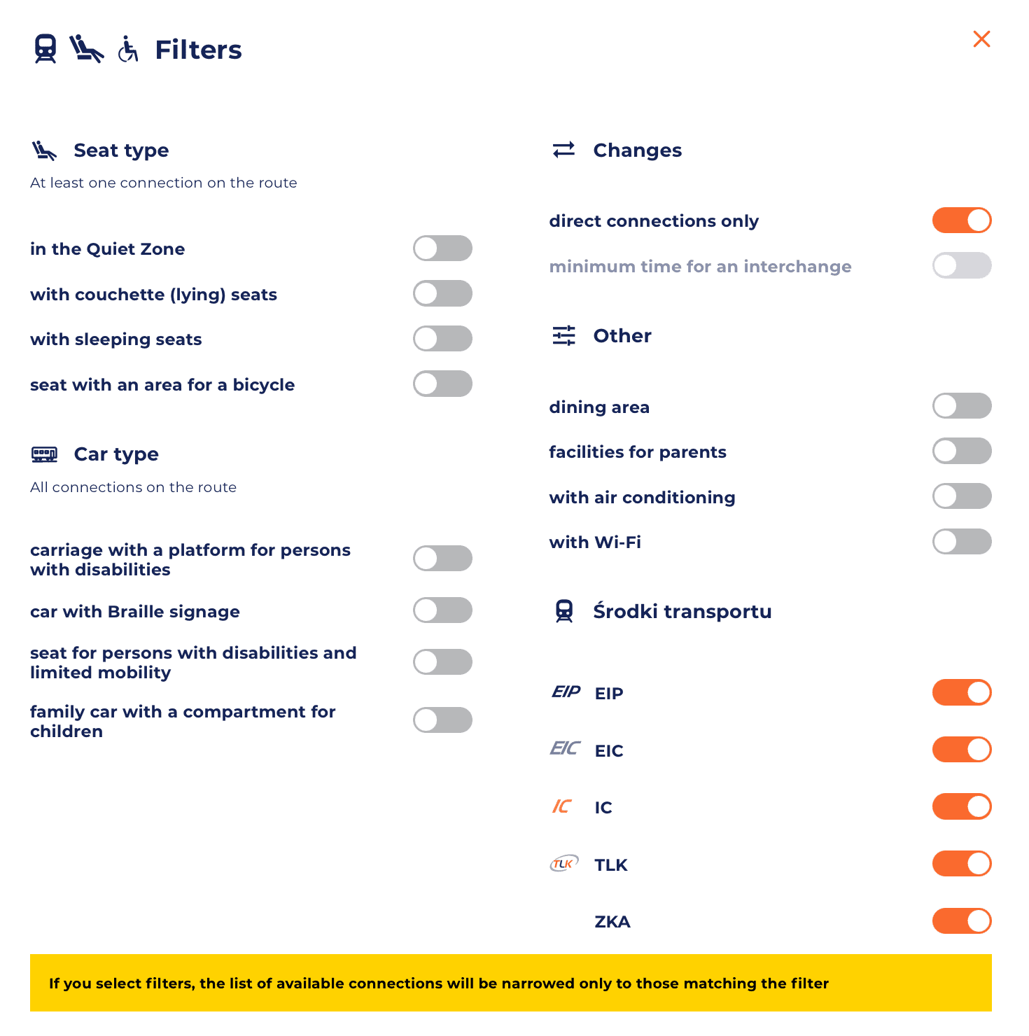 filters and facilities when searching for a PKP intercity train online