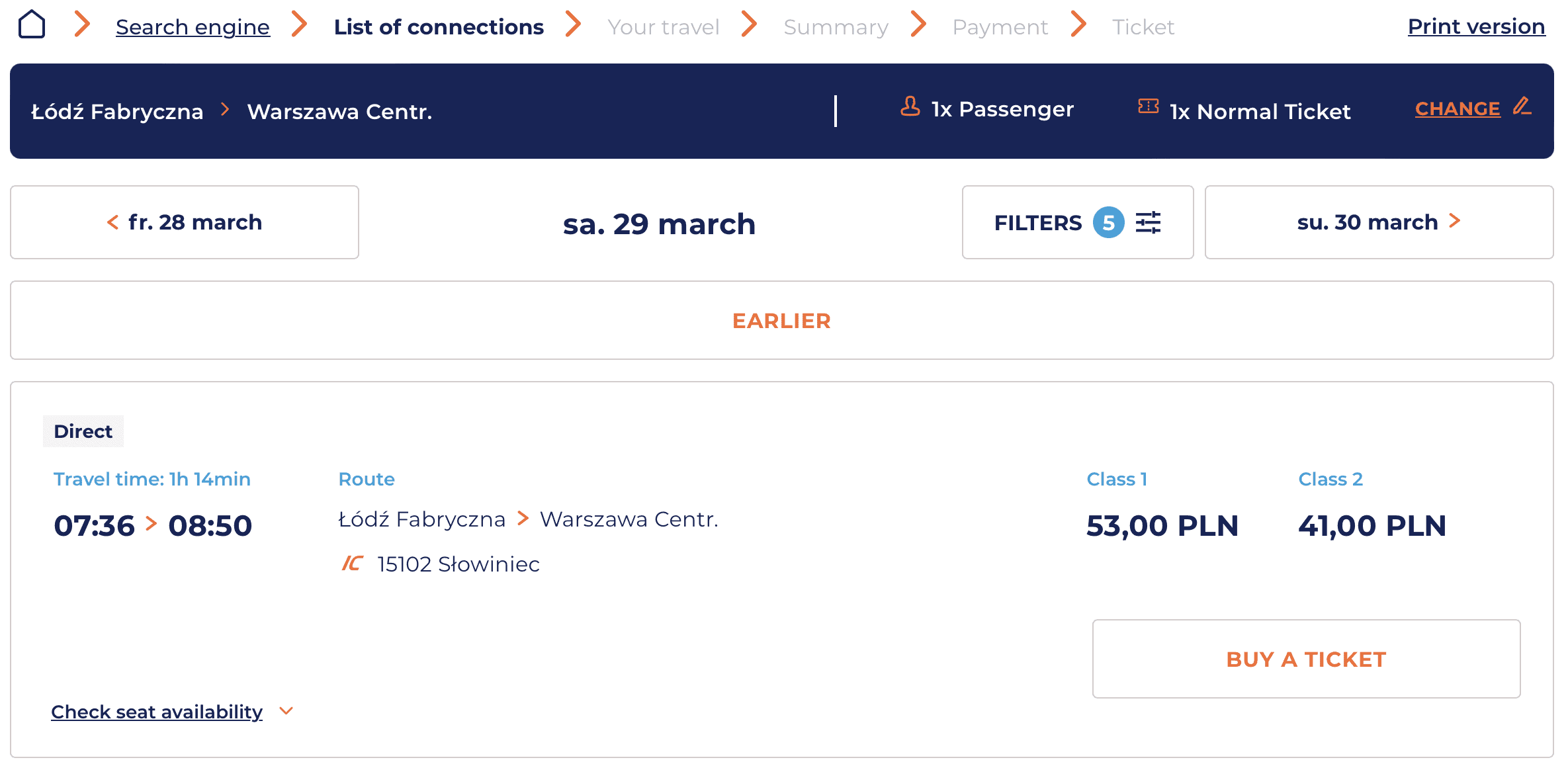 PKP intercity ticket search from Lodz to Warsaw