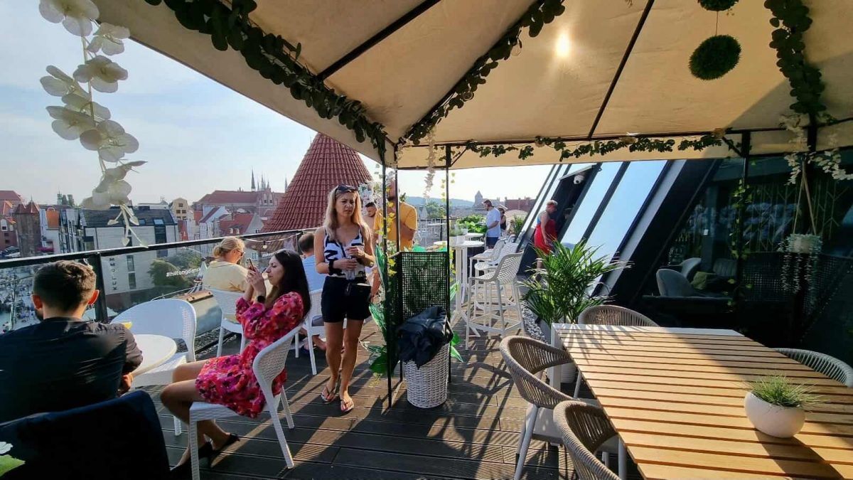 Open air deck terrace at H5 Skybar, Hilton Hotel, Gdańsk