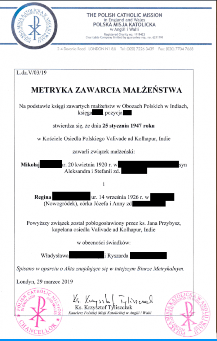Marriage certificate issued by the Polish Catholic Mission of England and Wales